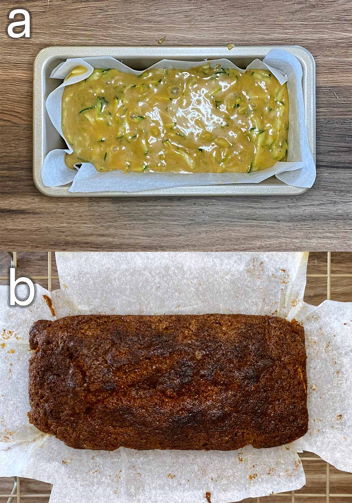 The cake batter poured into a lined loaf tin, then cooked.
