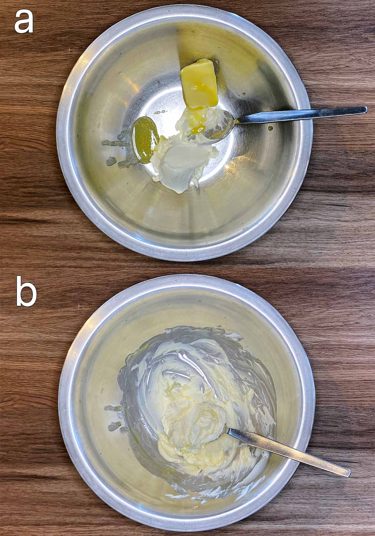 Butter and cream cheese in a mixing bowl, then beaten together.