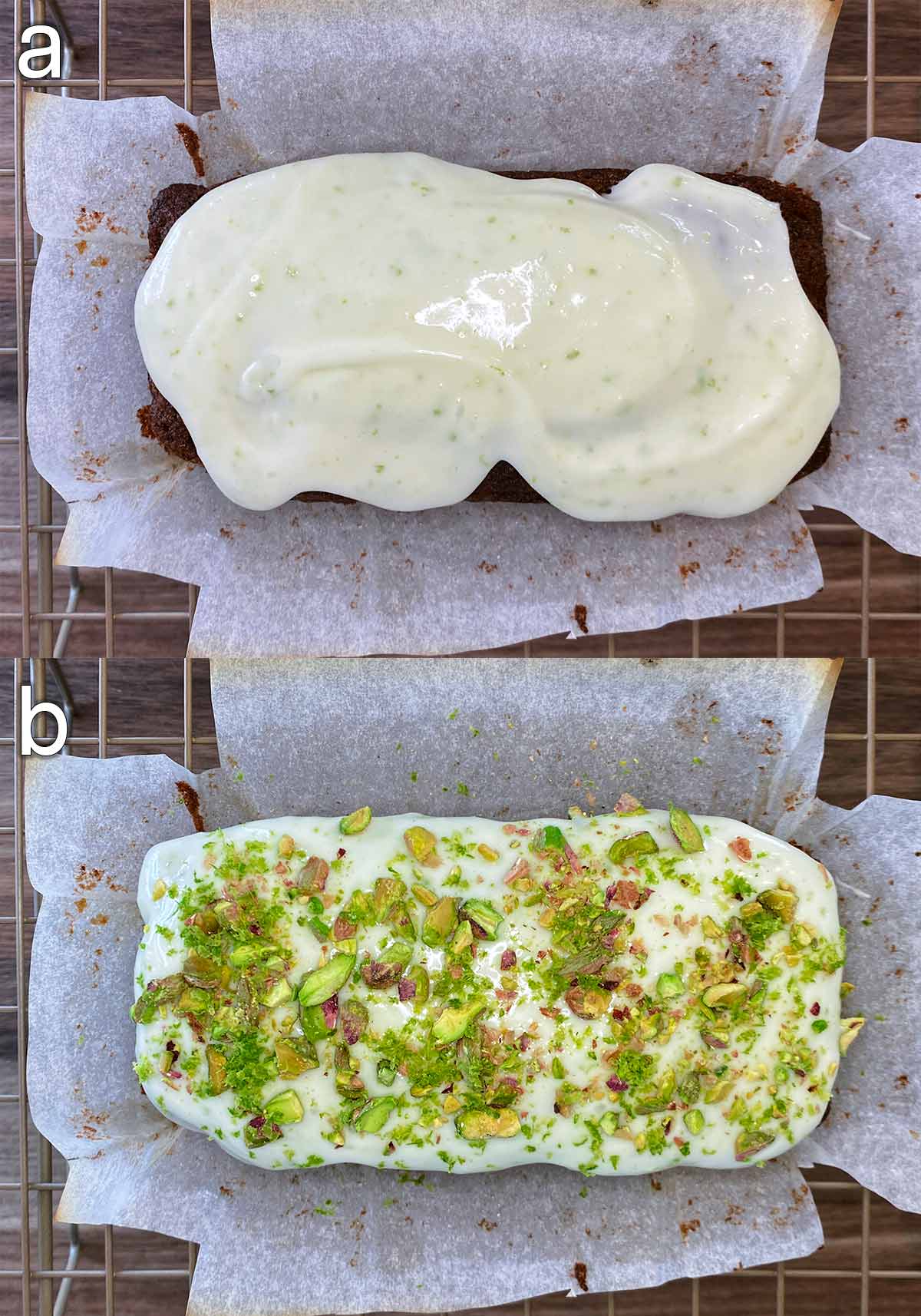 Frosting spread over the cake then topped with crushed pistachios.