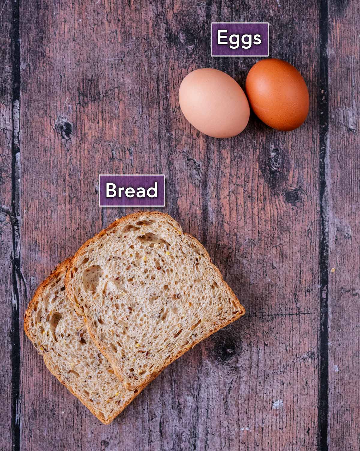 Two eggs and two slices of bread on a wooden surface, both with text overlay labels.