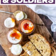 Dippy eggs with soldiers with a text title overlay.