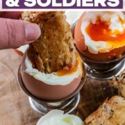 Dippy eggs with soldiers with a text title overlay.