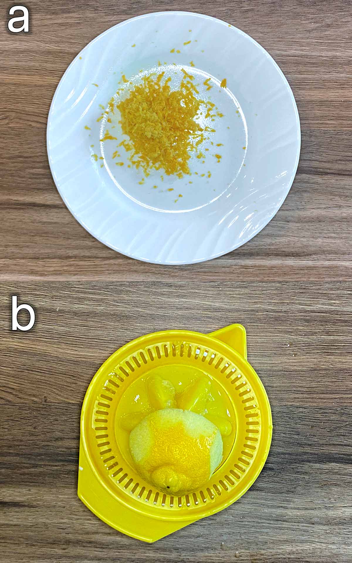 Two shot collage of lemon zest on a plate and lemon juice in a juicer.