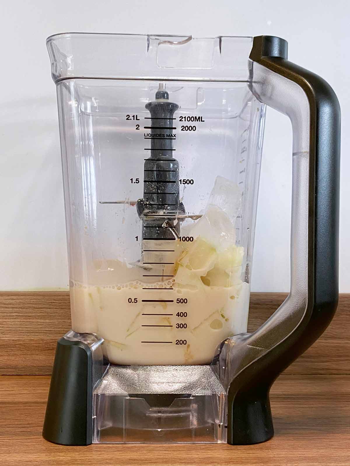 A blender jug containing all the ingredients.