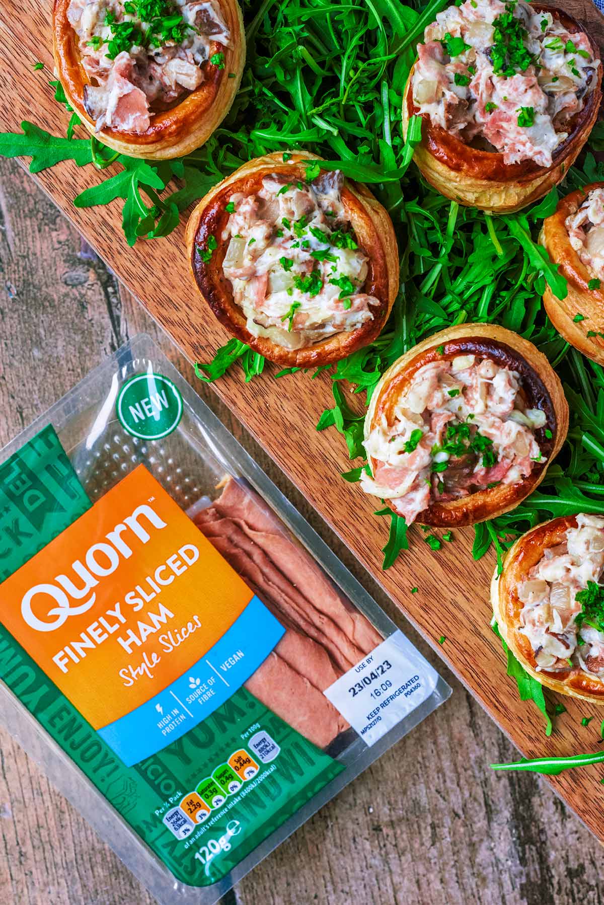Vol au vents on a board next to a pack of Quorn ham.