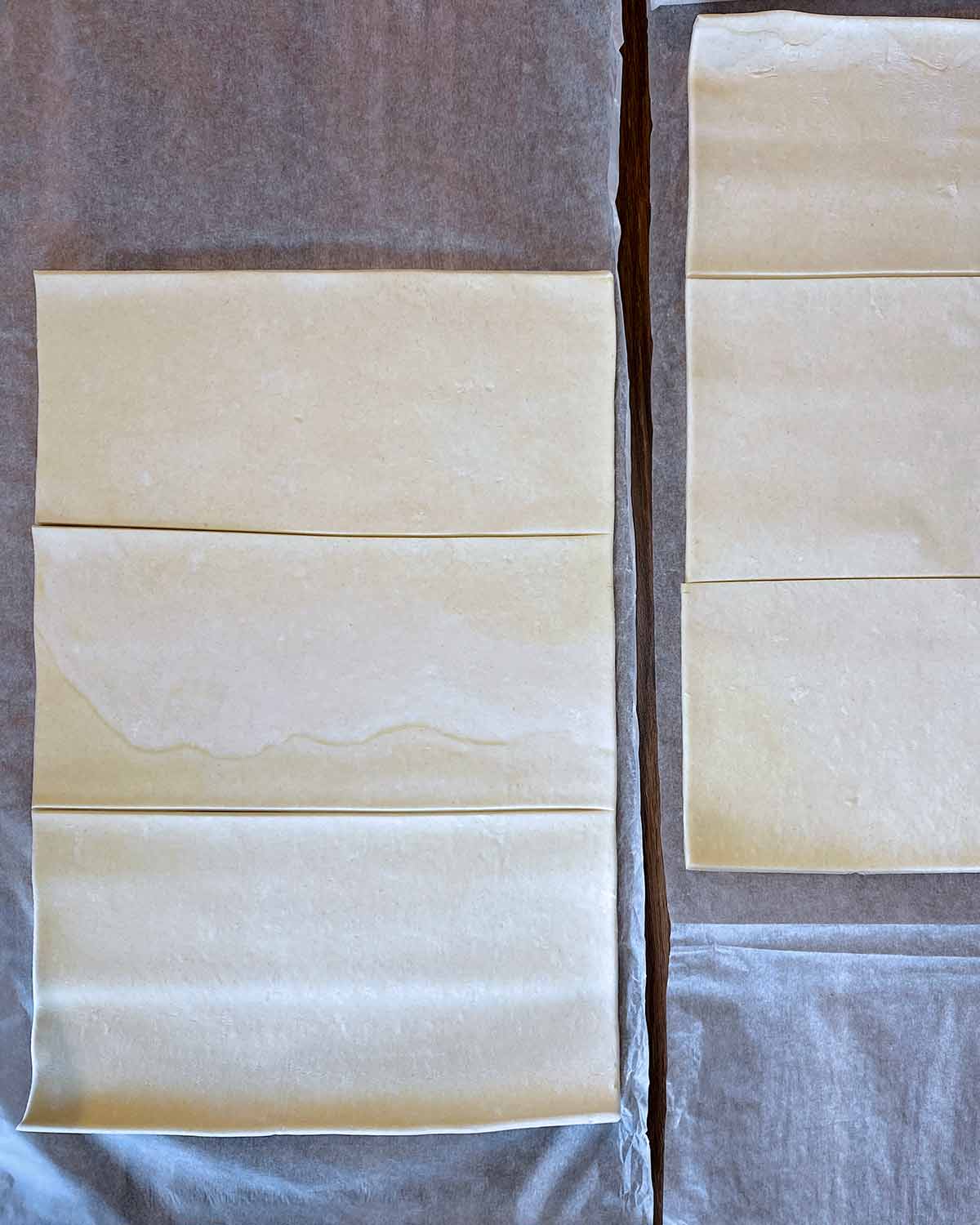 Two sheets of puff pastry cut into three pieces each.