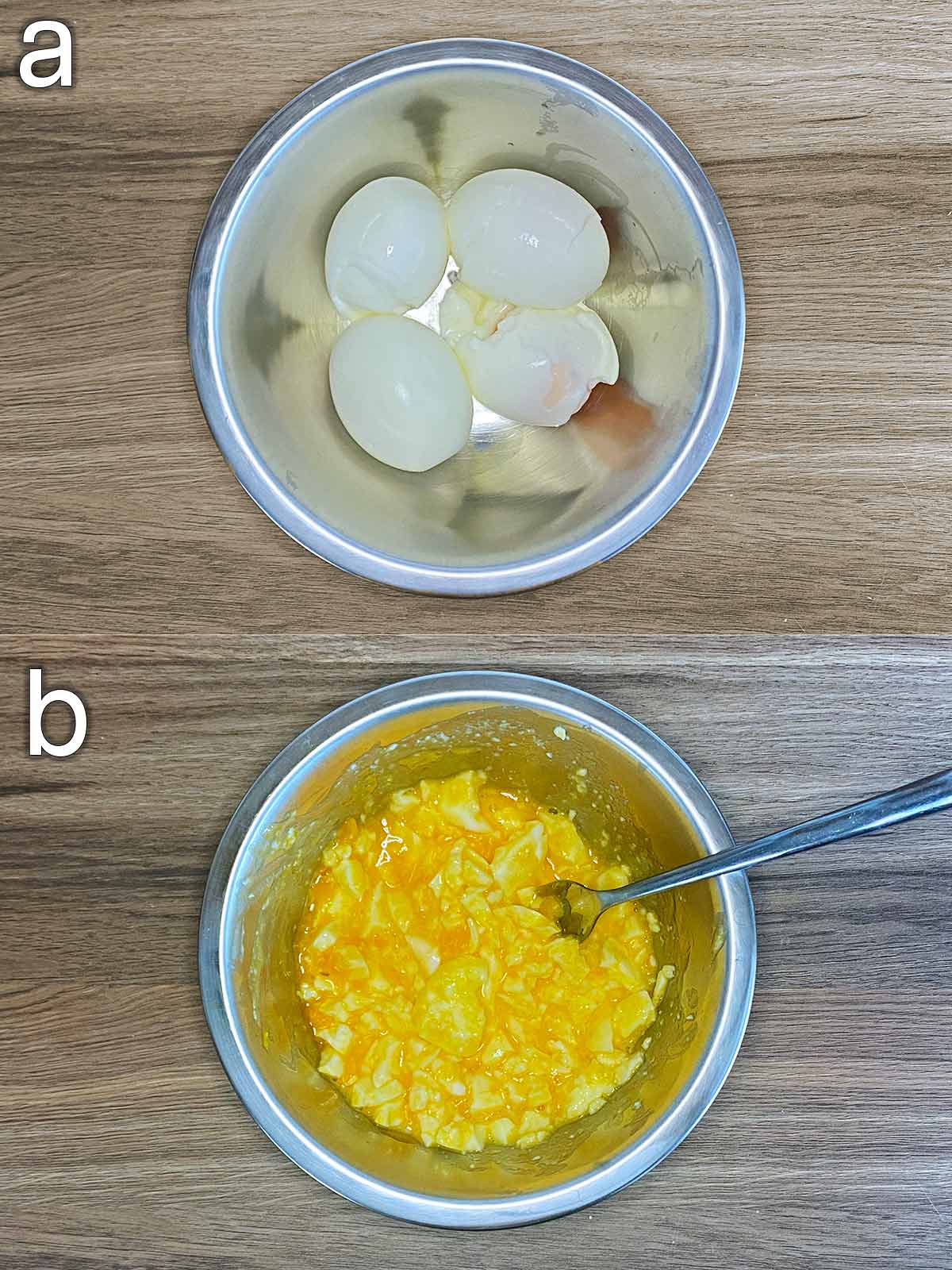 Two shot collage of boiled eggs in a bowl then all mashed up.