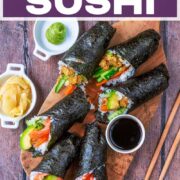 Hand roll sushi with a text title overlay.