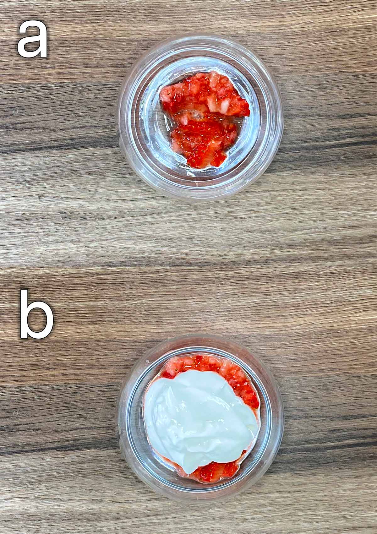 Two shot collage of strawberries then yogurt in a serving glass.