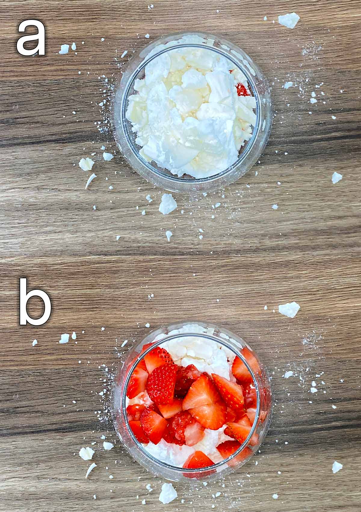 Two shot collage of crushed meringue added to the glass then chopped strawberries.