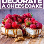 A cheesecake with a text title overlay.