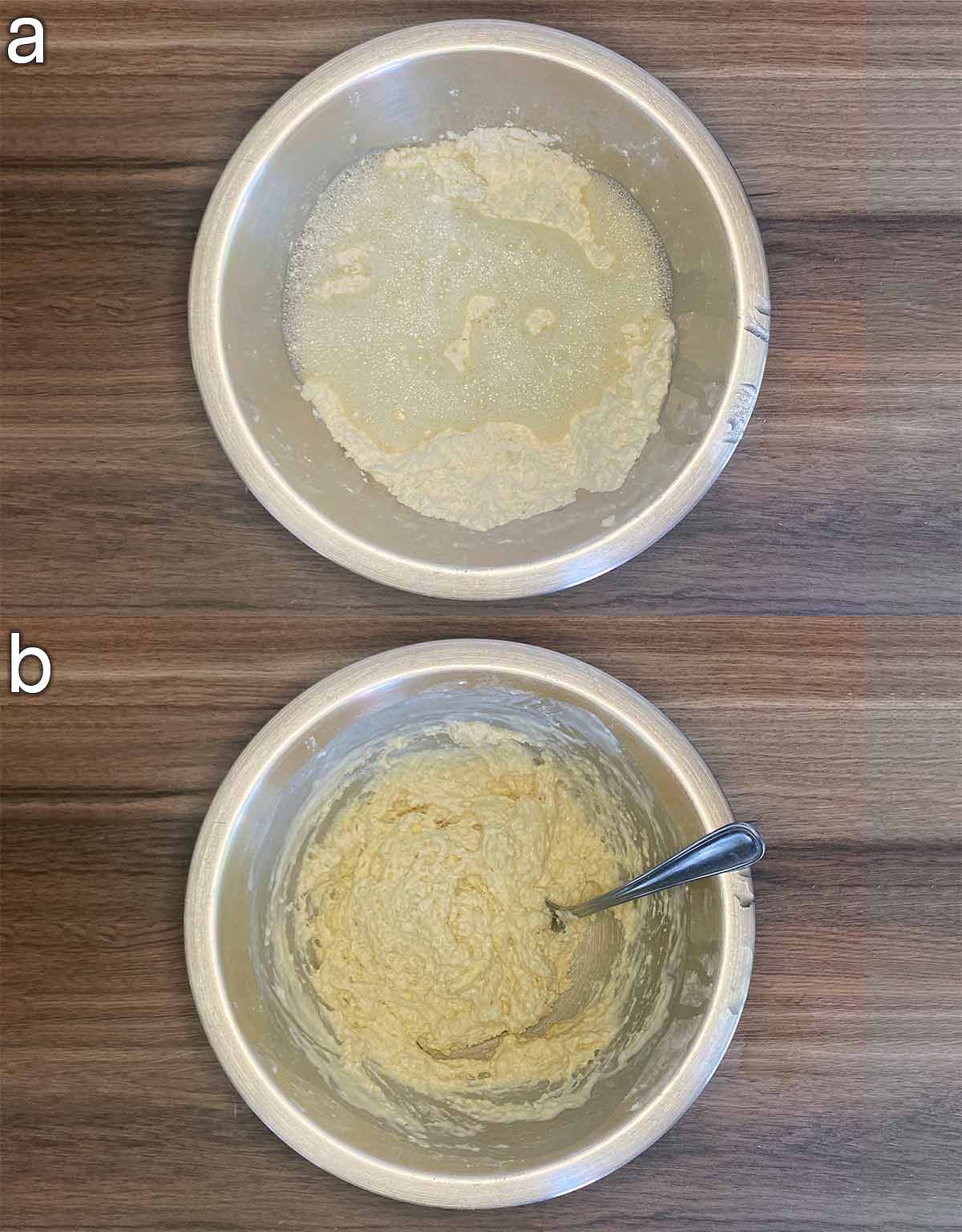 Two shot collage of lemonade added to the bowl, then mixed into the flour.