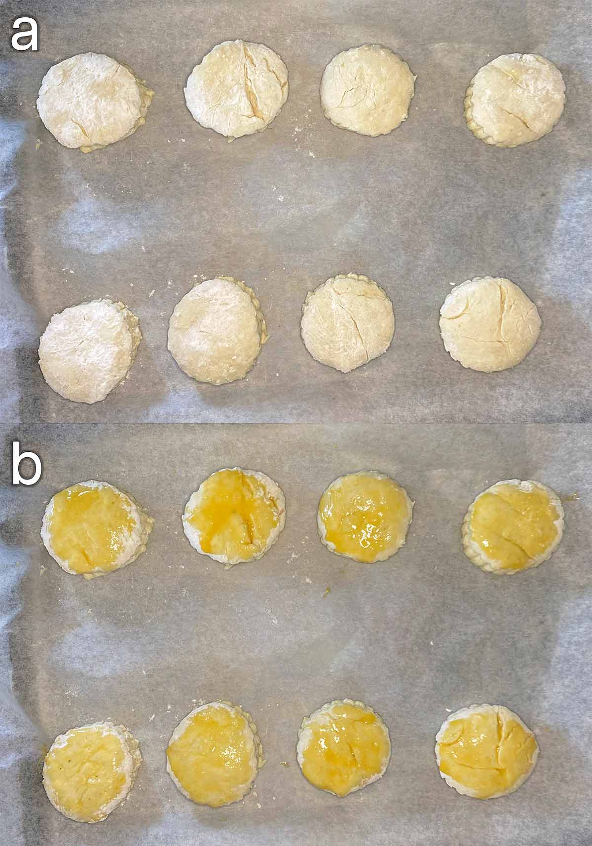 Two shot collage of uncooked scones on a baking sheet, then brushed with egg.