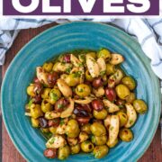 Marinated olives with a text title overlay.
