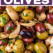 Marinated olives with a text title overlay.