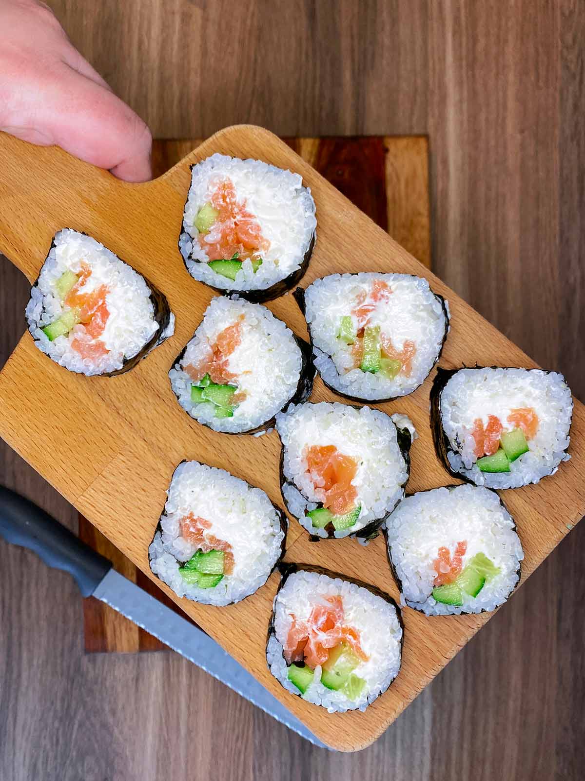 Rolled sushi cut into nine pieces.