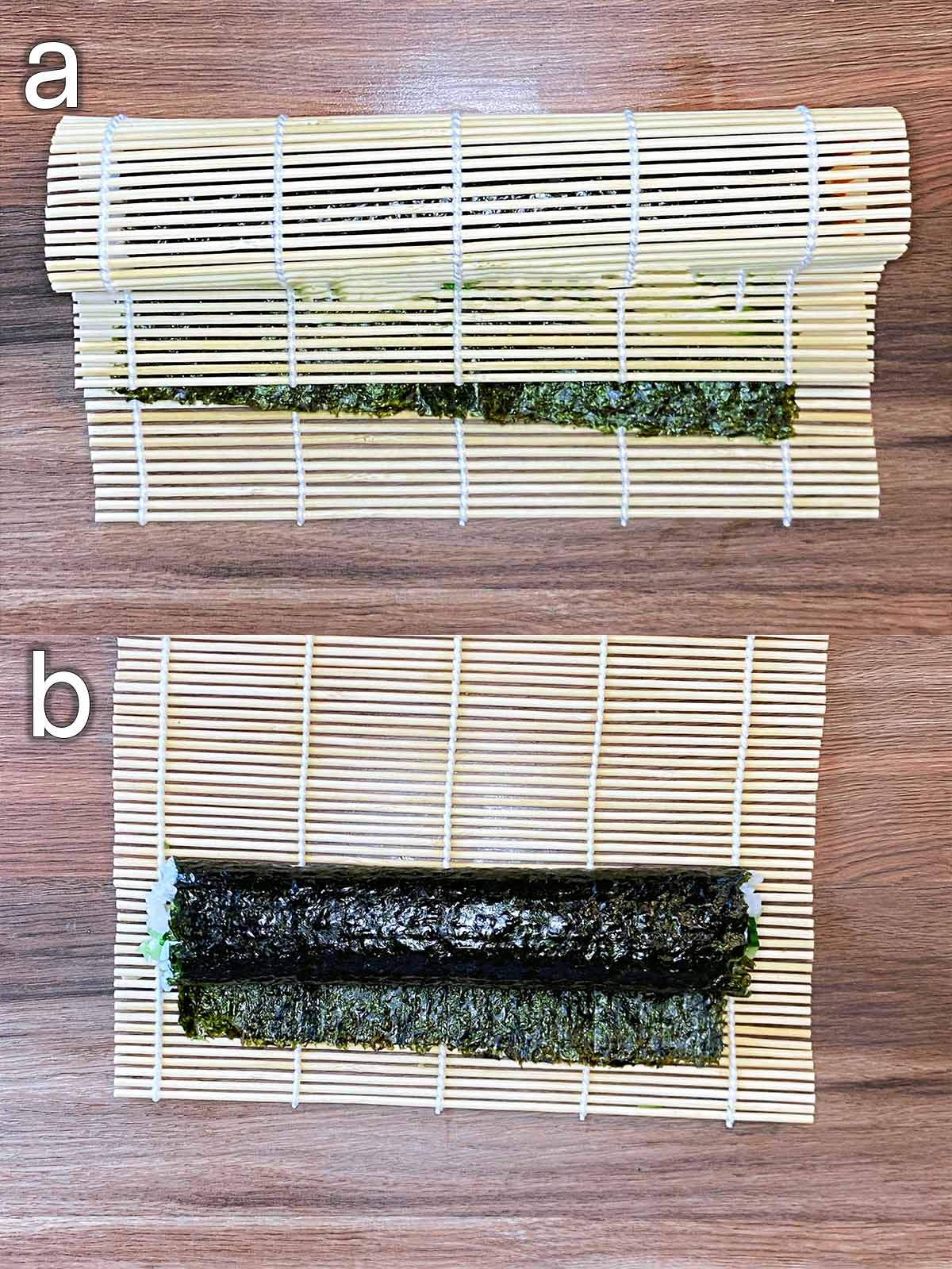 Two shot collage of sushi being rolled in a mat, then the fully rolled roll.