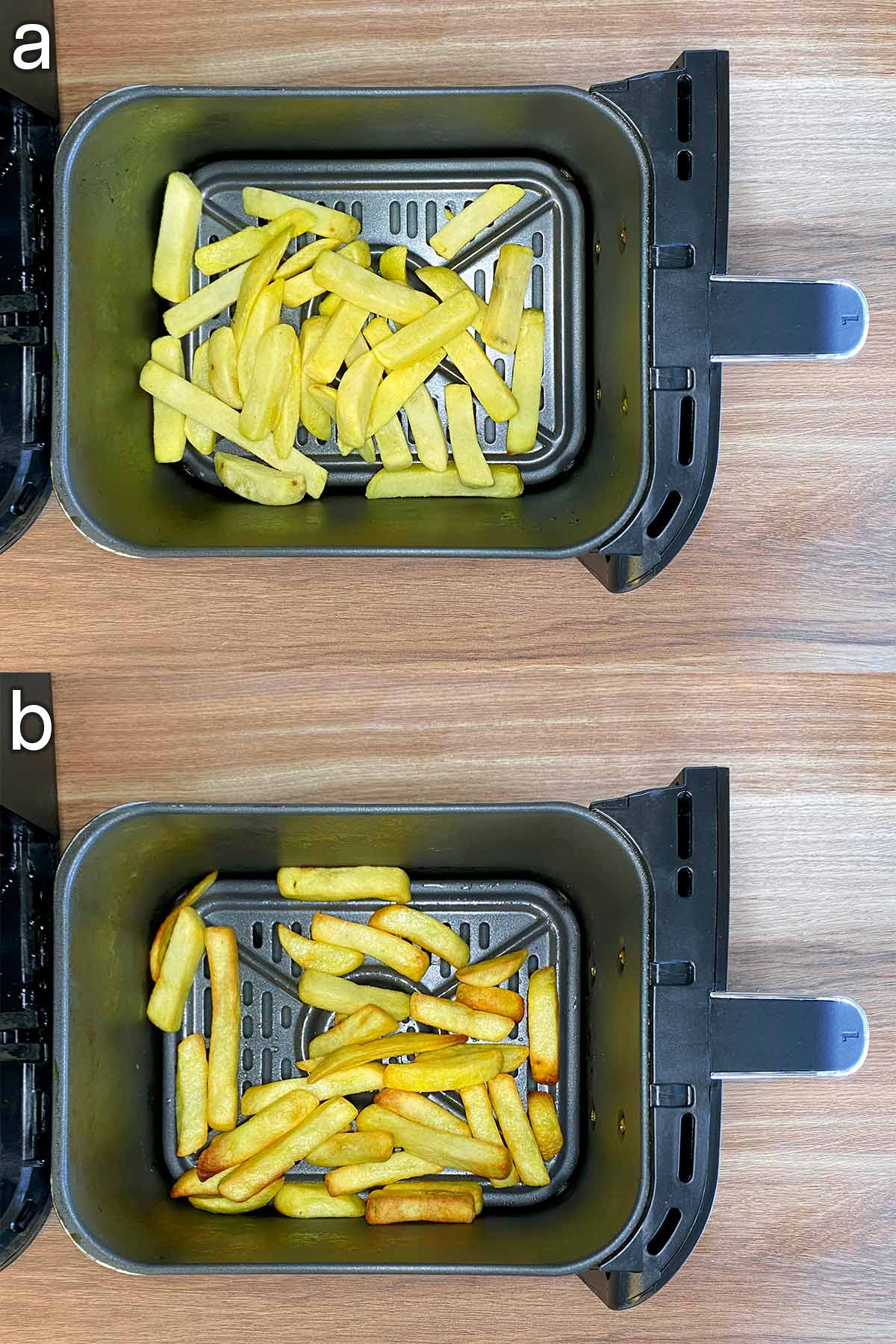 Two shot collage of chips in an air fryer basket, before and after cooking.