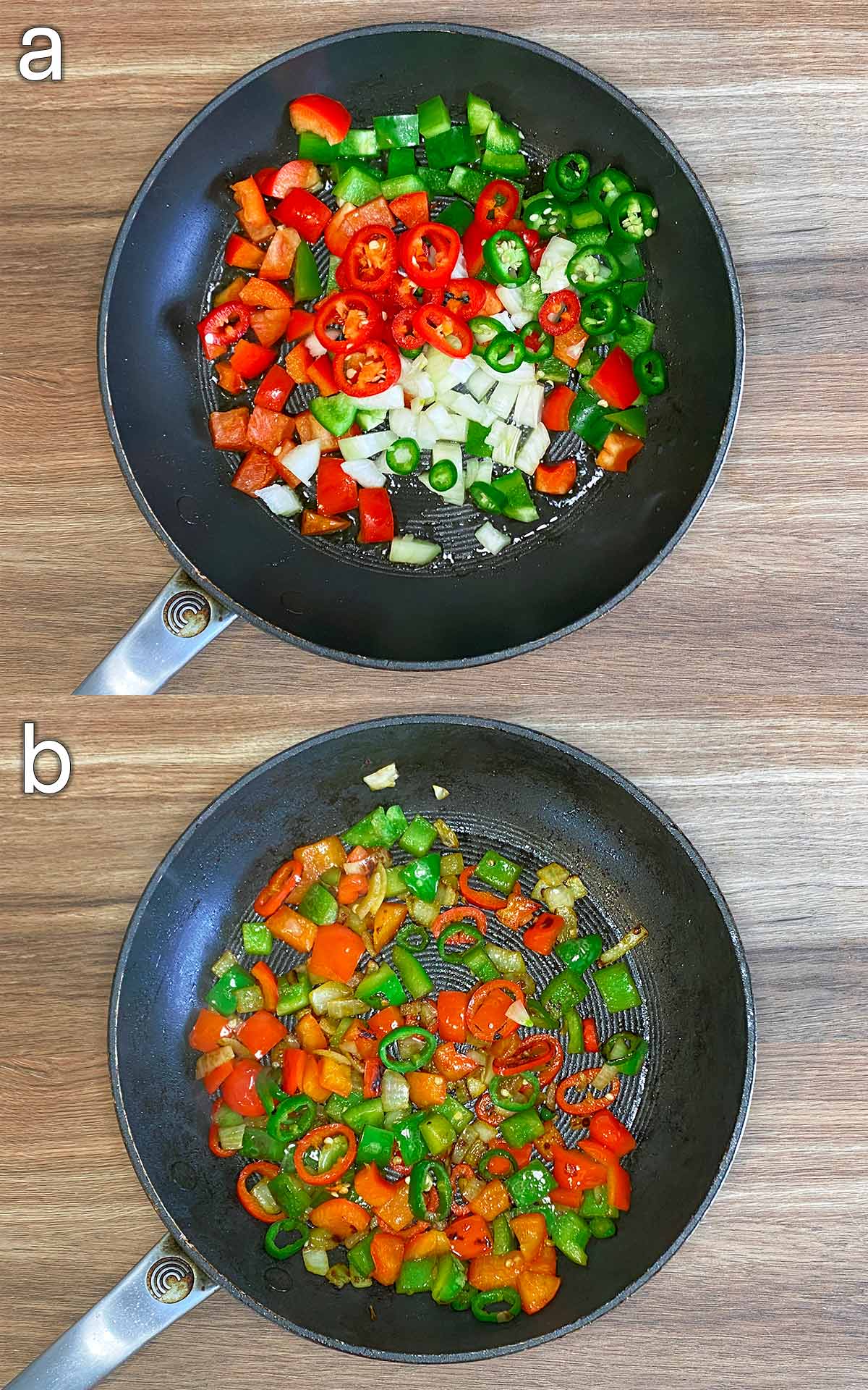 Two shot collage of chopped onion, peppers and chillies in a frying pan, before and after cooking.