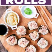 Spicy tuna rolls with a text title overlay.