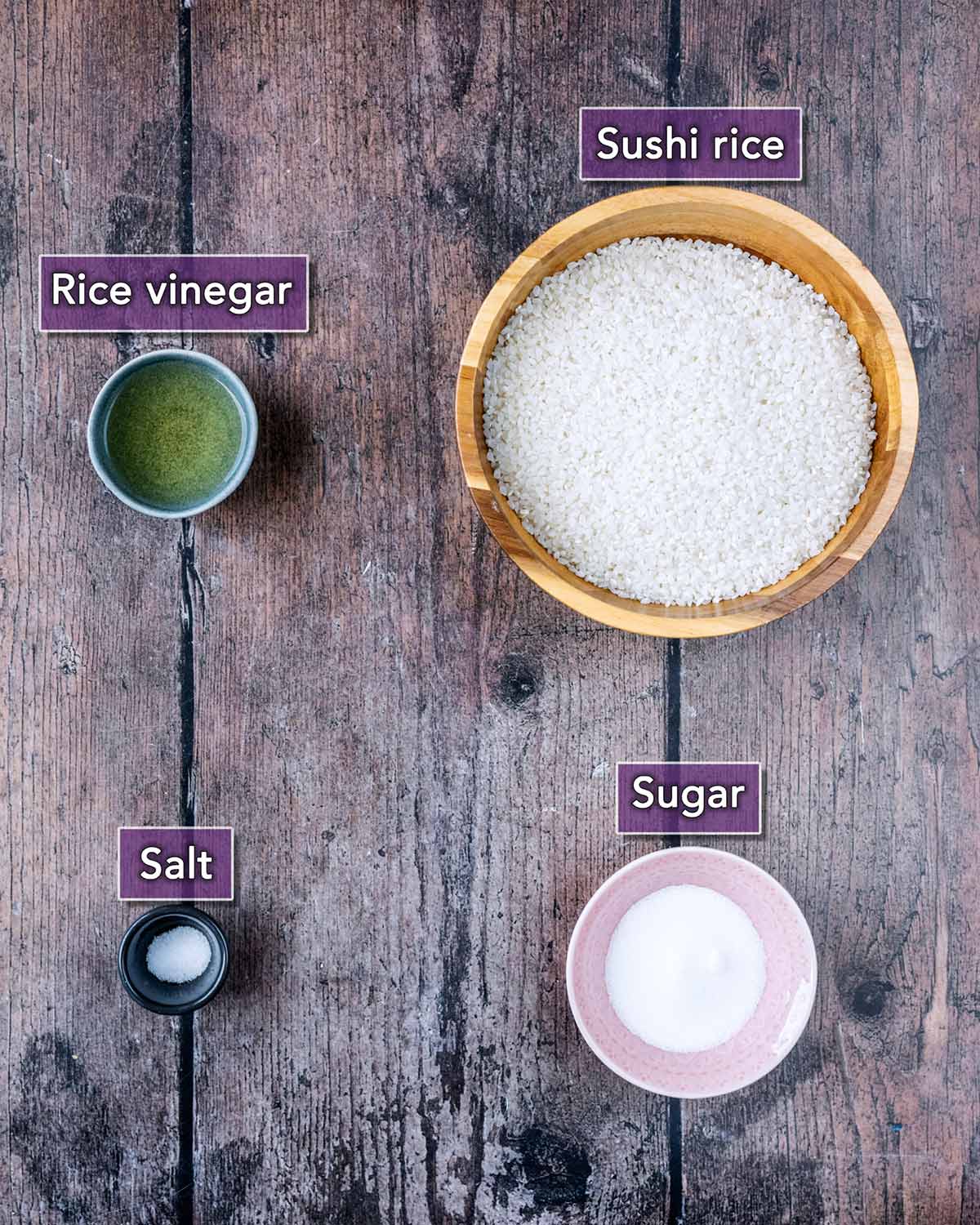All the ingredients needed to make sushi rice with text overlay labels.