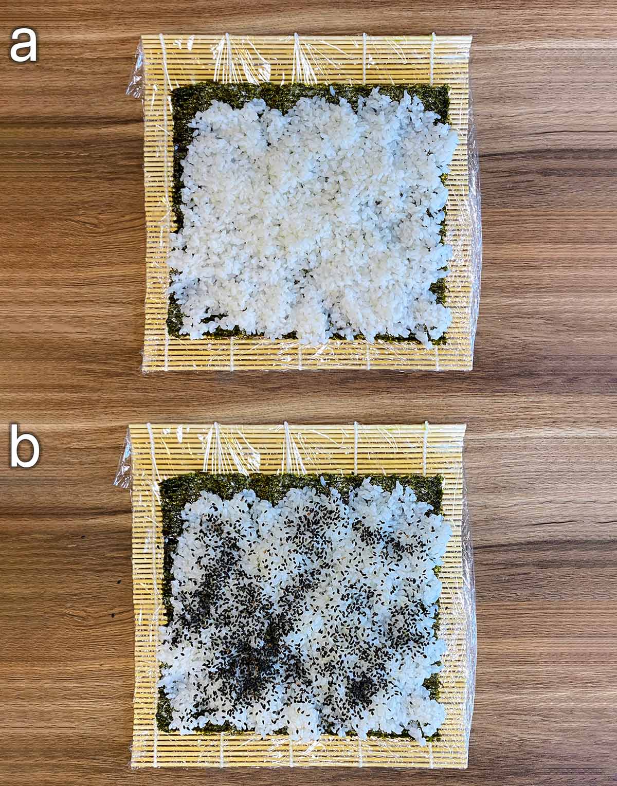 Two shot collage of nori covered in sushi rice, then black sesame seeds added.