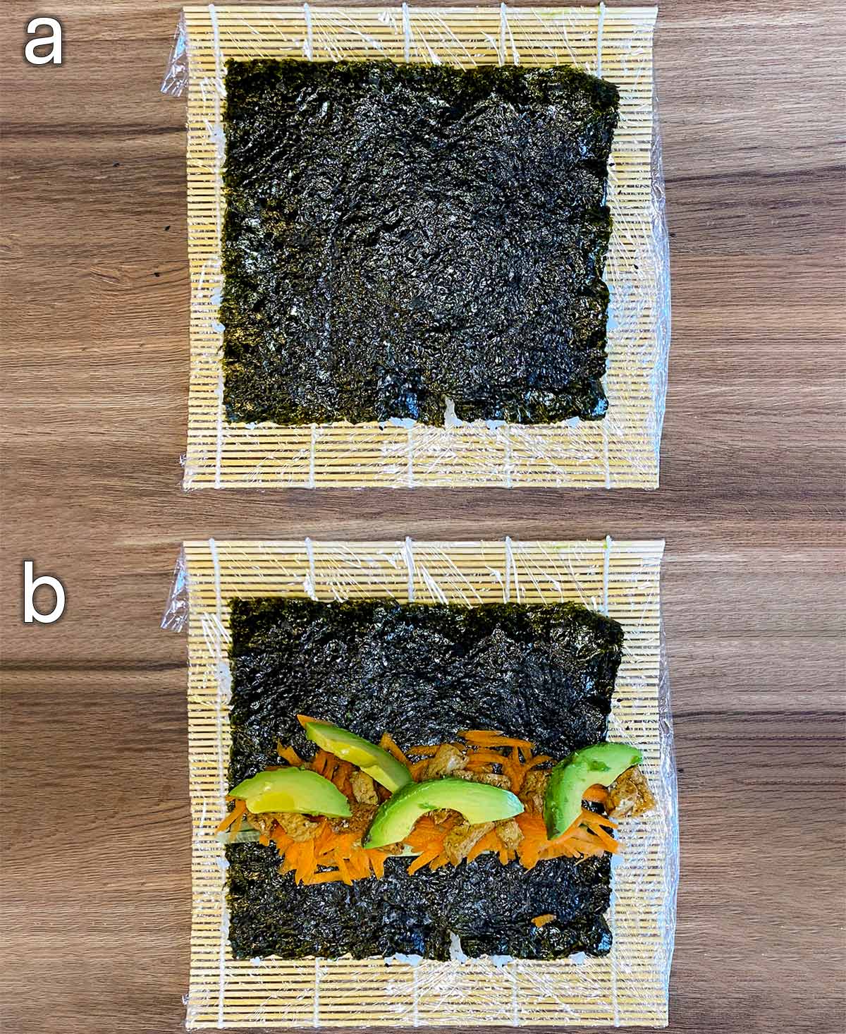 Two shot collage of the nori flipped over then the fillings added.
