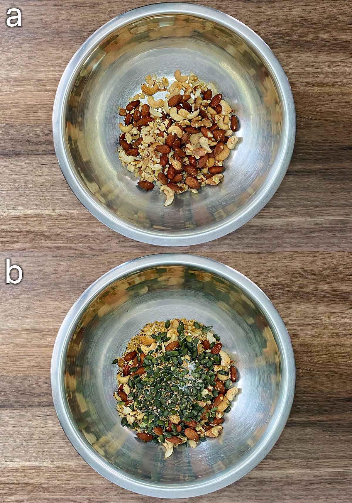 Two shot collage of mixed nuts in a bowl, then mixed seeds added.