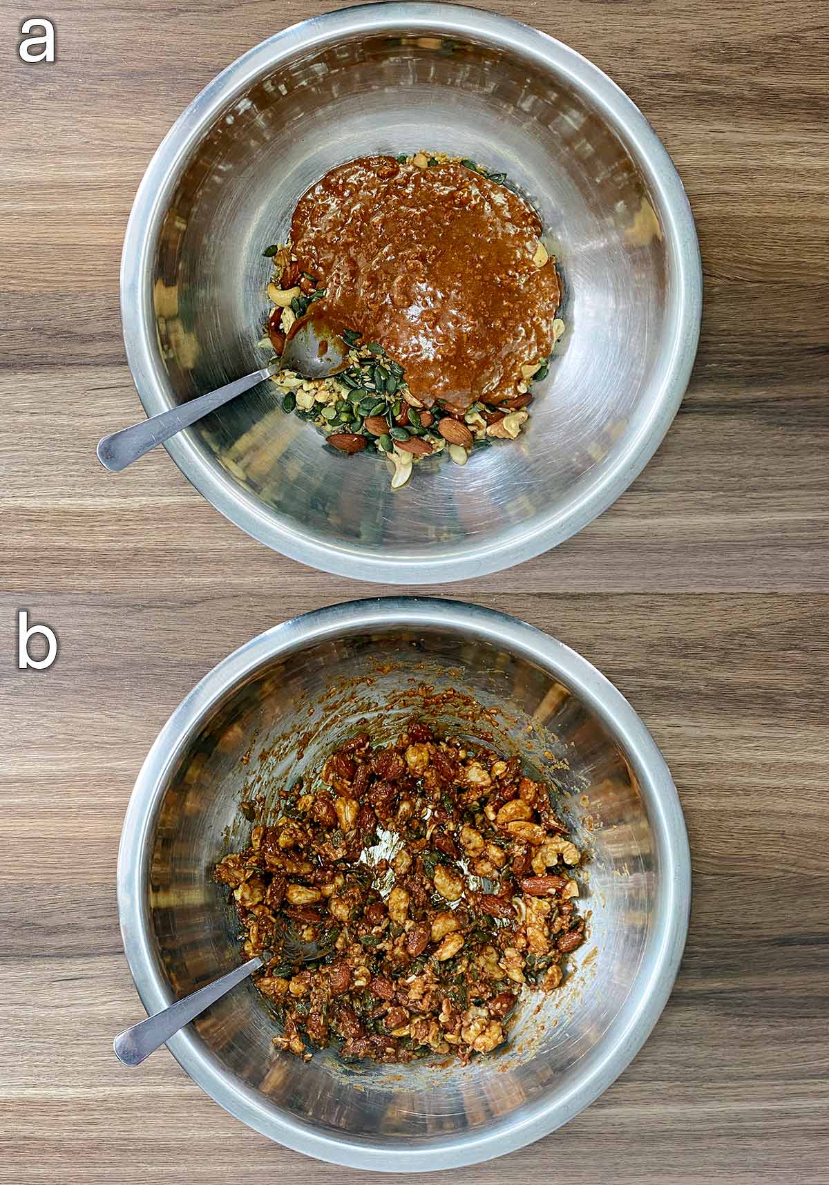 Two shot collage of melted nut butter added to the bowl, then mixed into the nuts and seeds.
