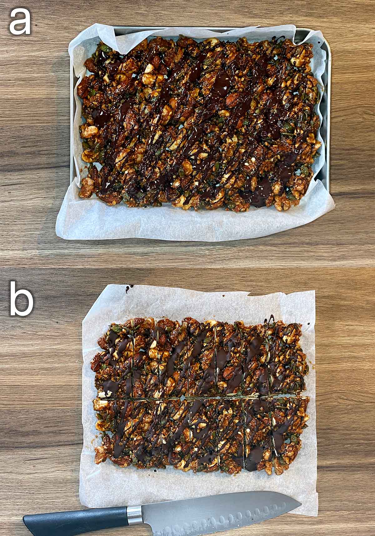 Two shot collage of chocolate drizzled over the mixture, then cut into bars.