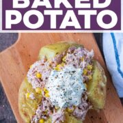 Microwave baked potato with a text title overlay.