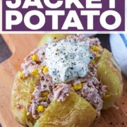 Microwave jacket potato with a text title overlay.