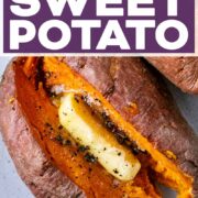 Microwave sweet potato with a text title overlay.