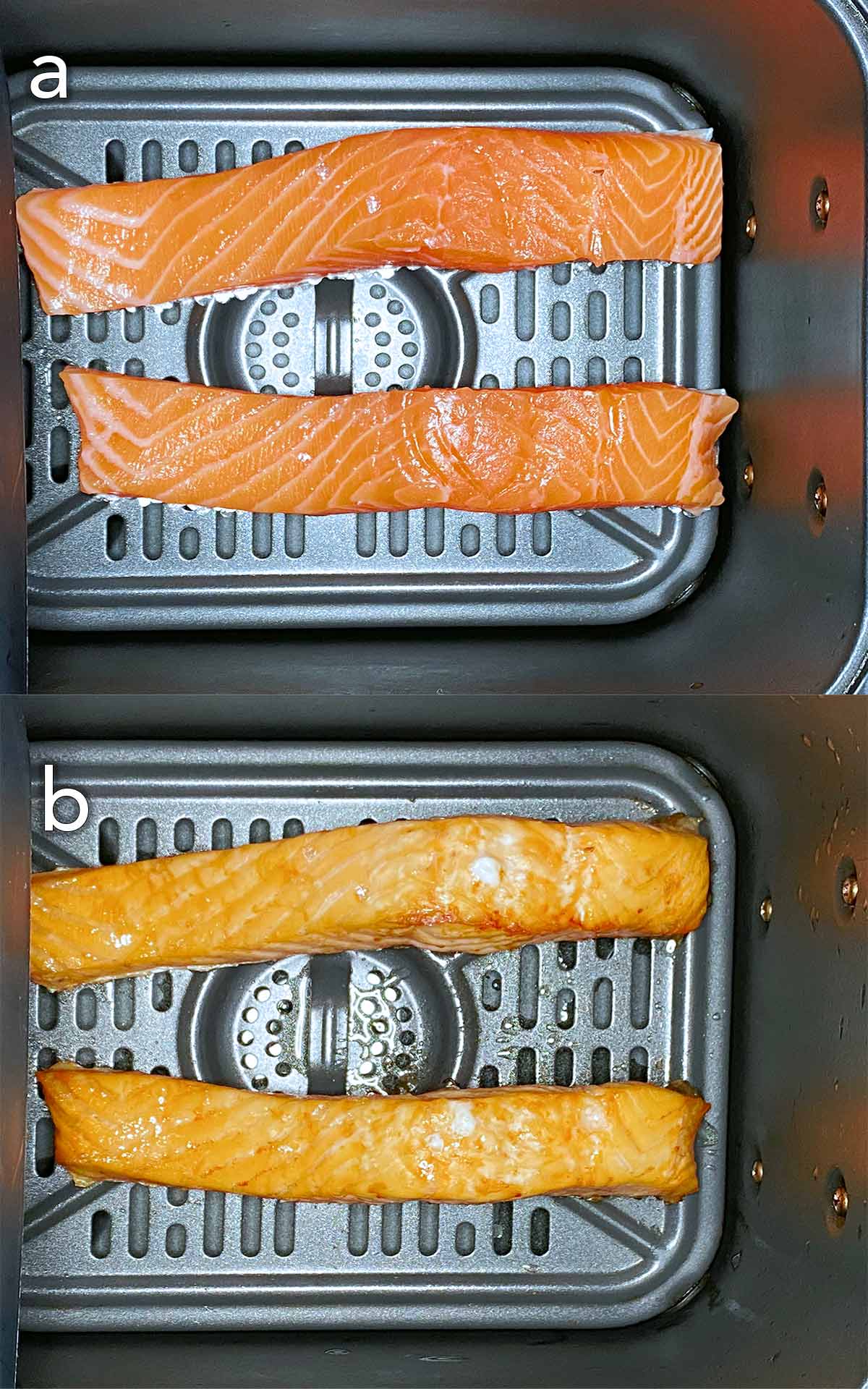 Two shot collage of salmon fillets in an air fryer, before and after cooking.