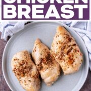 Slow cooker chicken breasts with a text title overlay.