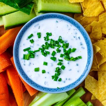 A bowl of sour cream and chive dip.