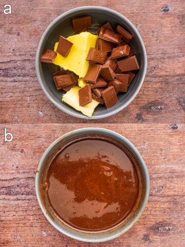 Two shot collage of butter and chocolate in a bowl, before and after melting.
