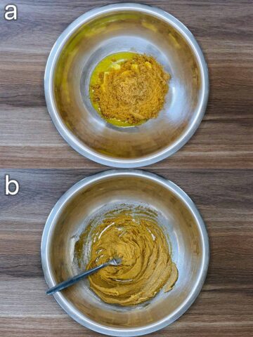 Two shot collage of butter and sugar in a bowl, before and after mixing.