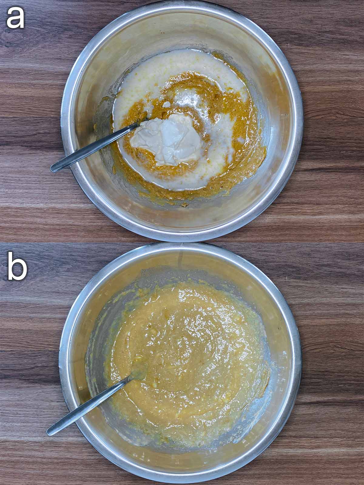 Two shot collage of yogurt, milk and vanilla added, before and after mixing.