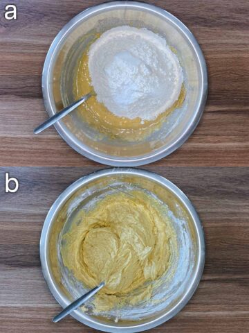 Two shot collage of baking powder and flour added to the bowl, before and after mixing.