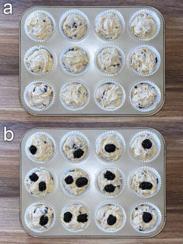 Two shot collage of the batter in muffin cases, then with more blackberries added to the tops.