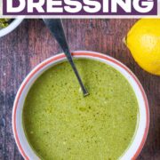 Pesto salad dressing with a text title overlay.