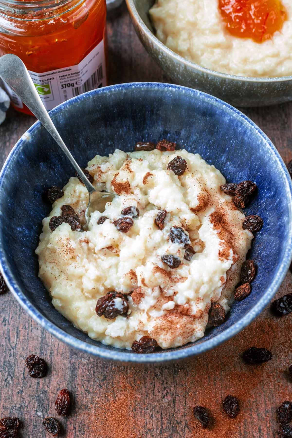 A bowl of rice pudding with raisins mixed into it.