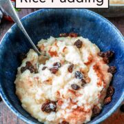 Slow cooker rice pudding with a text overlay title.