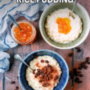 Slow cooker rice pudding with a text overlay title.