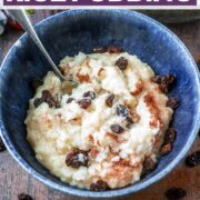 Slow cooker rice pudding with a text title overlay.