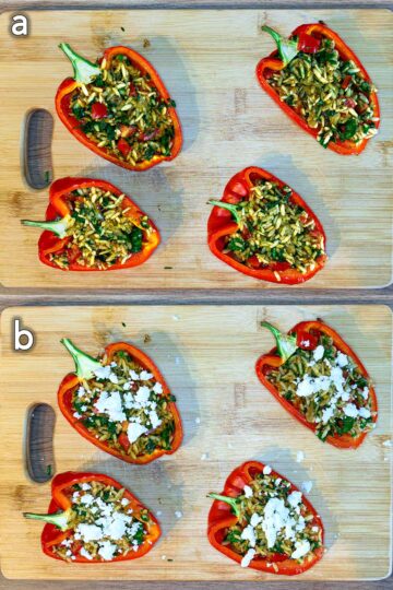 Two shot collage of pepper halves filled with the rice mixture, then topped with feta.