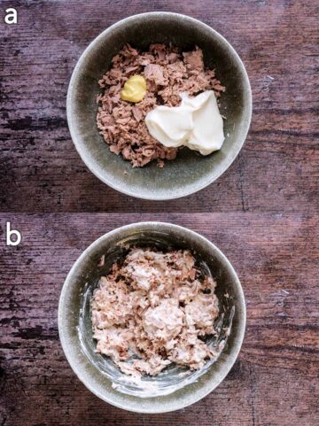 Two shot collage of tuna, mayo and mustard in a bowl, before and after mixing.