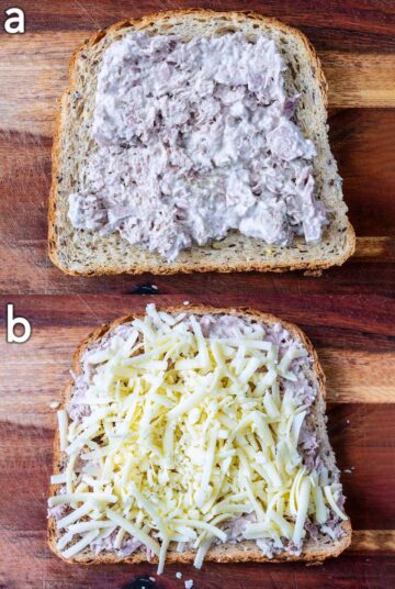 Two shot collage of tuna mayo spread over a slice of bread, then grated cheese added.