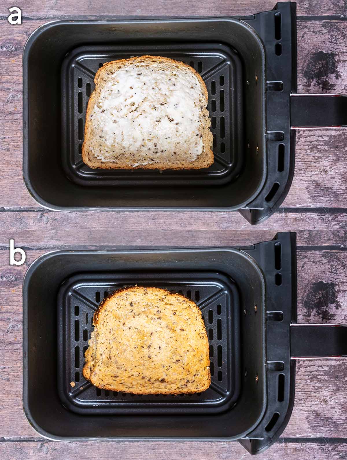 Two shot collage of a cheese and tuna sandwich in an air fryer, before and after cooking.